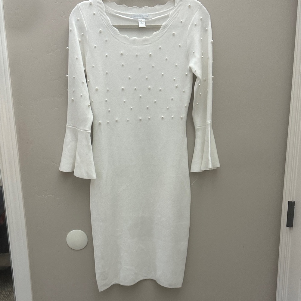 London Times White Long Sleeve Dress with Pearl Details